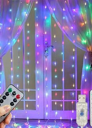 Светодиодная usb гирлянда-штора 300 led - 3м. кабель, rgb, длина свесов 2,7м, 8 режимов, пульт