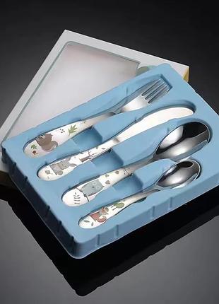Набір дитячих столових приладів з тваринами 4 предмети нержавіюча сталь сріблястий