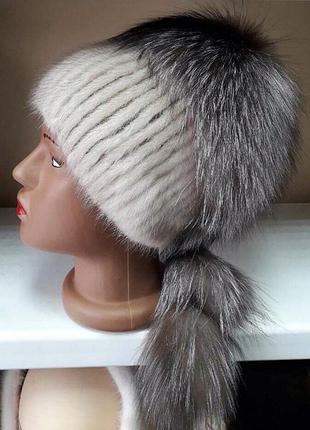 Меховая шапка из норки и чернобурки на вязанной основе цвет бежевый