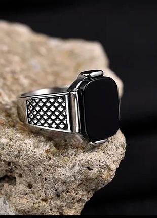 Кільце печатка чорний камінь onyx нержавіюча сталь жіноче чоловіче 18 розмір