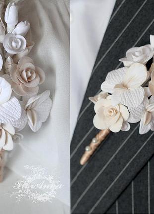 "розы с орхидеями" бутоньерка ручной работы из полимерной глины