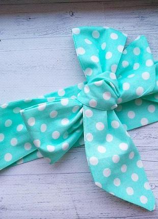 Повязка на голову для девочки солоха большой бант в горошек мята 1