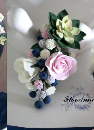 Авторский комплект украшений из полимерной глины "зеленый суккулент с черникой и розами"