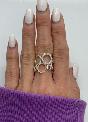 Серебряное кольцо с золотом, широкое, круг в камнях 21