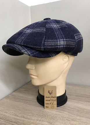 Кепка вовняна чоловіча восьмиклинка хуліганка вовна італія 2 синя клітинка тепла comfort heads осінь зима фліс вуха