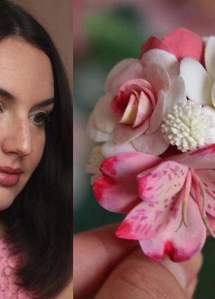 Заколка/брошь из полимерной глины "зефирно-розовый микс"