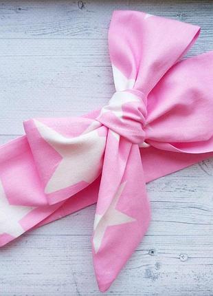Пов'язка на голову для дівчинки солого великого бант рожевий у білих зірках