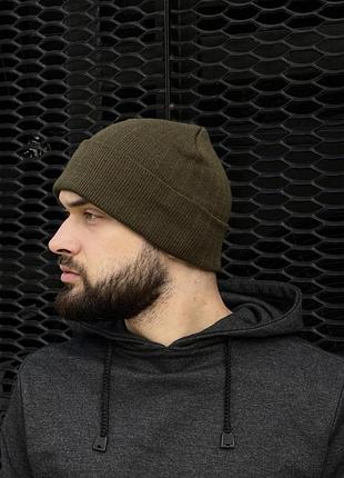 Шапка чоловіча з підворотом, зелена (хакі) трикотаж, зимова