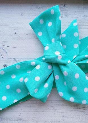 Повязка на голову для девочки солоха большой бант мятная в белый горошек