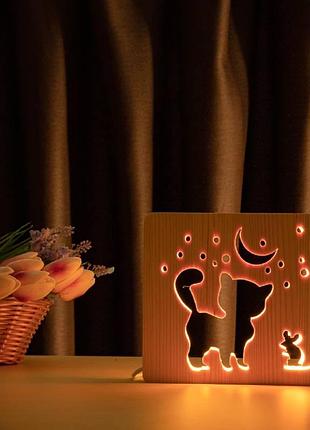 Дитячий світильник нічник з дерева arteco light, led rgb еко-світильник з пультом, кіт і мишка під місяцем