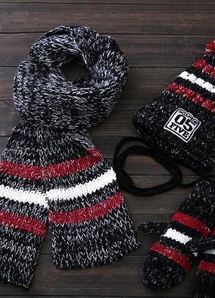 Вязаный комплект женский шапка, шарф и варежки caple black