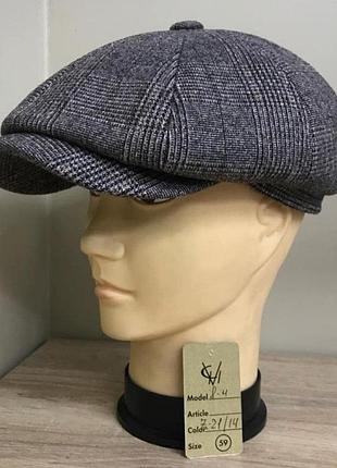 Кепка шерстяная мужская восьмиклинка хулиганка пальтовая ткань 21/14 тёплая comfort heads осень зима флис уши 57см.