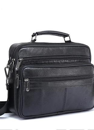 Сумка кожаная мужская через плечо с ручкой черная