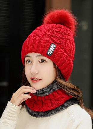Женский вязаный комплект шапка и короткий шарф-хомут bono 3650 red