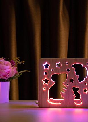 Дитячий світильник нічник з дерева arteco light, подвійний led rgb еко-світильник з пультом, мишки і сир