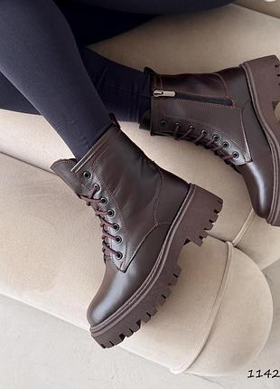 Ботинки женские коричневые кожа зима / кожаные ботинки шоколадного цвета зима / коричневые ботинки из натуральной кожи