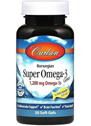 Омега-3, риб'ячий жир, omega-3 gems, fish gel, carlson, 1200 мг, 50 капсул