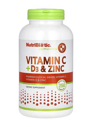 Vitamin c + d3 + zinc, nutribiotic, immunity, витамины c + d3 и цинк, 250 капсул