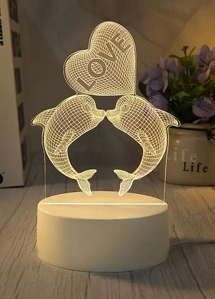 Настільний 3d led нічник vhg t2, white (дельфіни з серцем)
