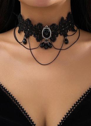 Готическое ожерелье-чокер из черного кружева с кристалликами, 30+7 см