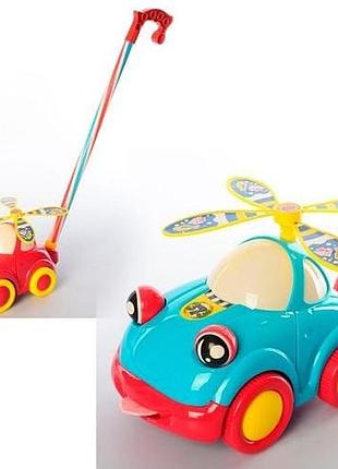 Каталка dy373 на палке40см, машинка22см, подвижные детали,звук, 2цвета, в кульке,19-22-12см