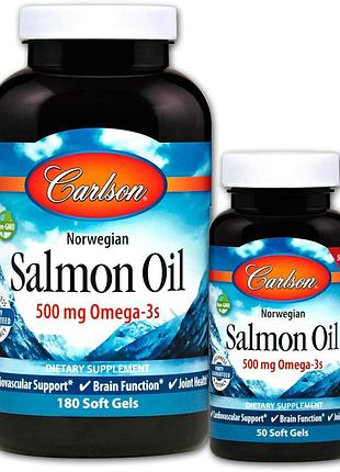 Масло лосося, salmon oil, carlson, норвежское, 500 мг, 180+50 капсул