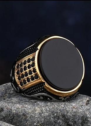 22 мм кольцо печатка черный камень onyx нержавеющая сталь женское мужское