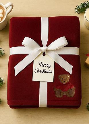Плед покрывало велсофт 170х210 см супер мягкий с вышивкой рождественской бордо ведмедик