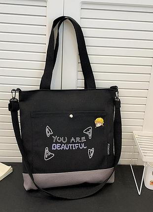 Текстильна жіноча сумка з абстрактним принтом, шопер із ручками та плечовим ременем