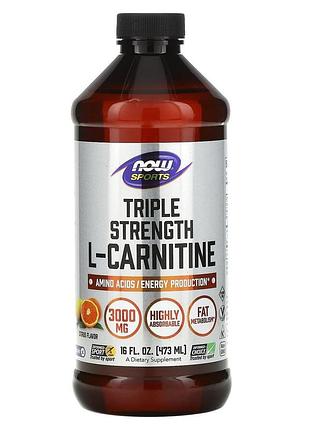 L-карнитин, l-carnitine, now foods, sports, тройная сила, жидкий, вкус цитруса, 3000 мг, 473 мл