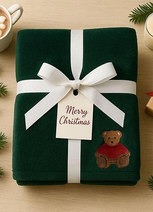 Плед покрывало велсофт 170х210 см супер мягкий с вышивкой рождественской т/зеленый тедди