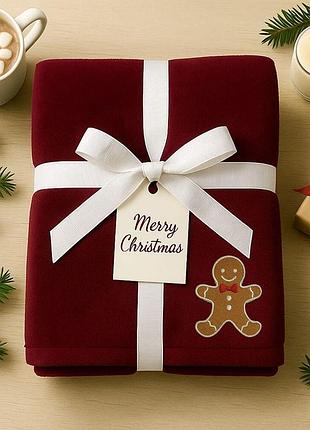 Плед покрывало велсофт 170х210 см супер мягкий с вышивкой рождественской бордо пряник