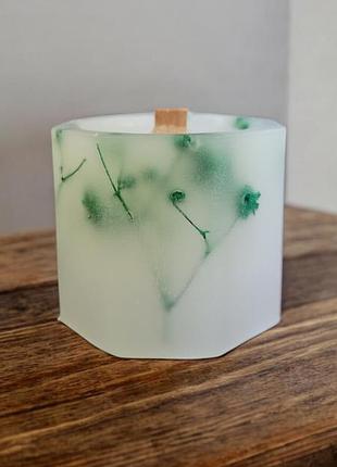 Свічка "лісова свіжість" з зеленою гіпсофілою - 5*5,5 см, 15 годин горіння, з ароматом кава