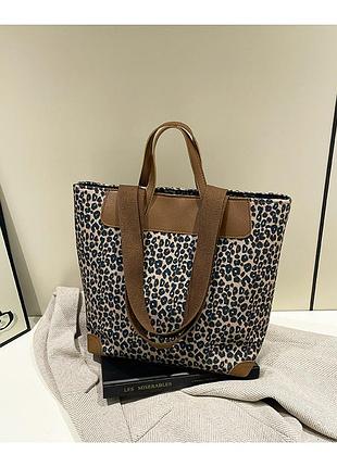 Текстильна жіноча сумка з леопардовим принтом, шопер із короткими та довгими ручками через плечі