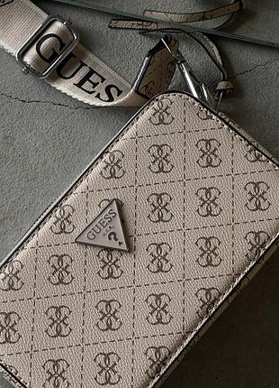 Городская кросс боди кожаная guess брендовая сумка для девушки через плече женская маленькая сумочка из кожи гесс бежевый