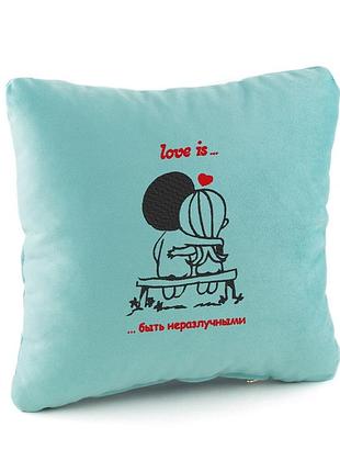 Подушка для закоханих із прикольним написом любов це бути нерозлучними, подушка до 14 лютого флок блакитний