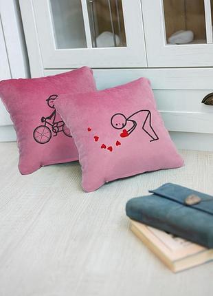 Набор из 2 подушек для влюбленных с надписью велосипед сердце флок розовый