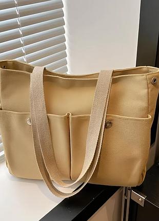 Женская сумка шоппер текстильная коричневая с длинными ручками