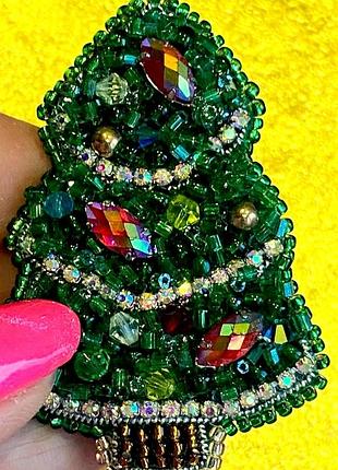 Новорічна брошка "ялинка" з бісеру та страз/ексклюзив/handmade/