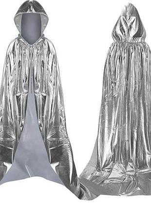 Плащ накидка. серебристый с капюшоном