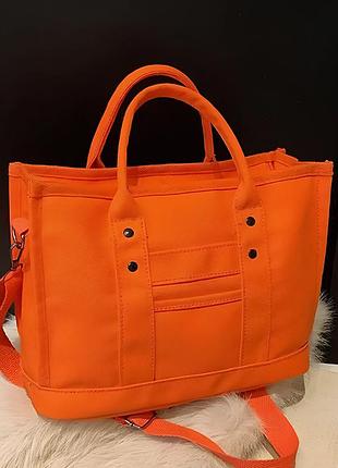 Женская сумка шоппер текстильная оранжевая на плечо с ручками