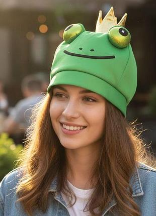 Шапка "жаба з короною" 3d очі унісекс 28х22 см зелена