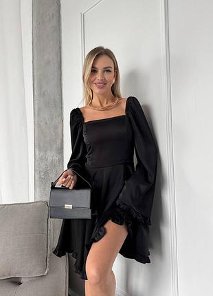 Шелковое платье миди с длинными рукавами и юбкой солнце с рюшами