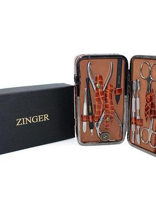 Якісний манікюрний набір zinger професійний 10 інструментів шкіряний футляр два відділення дзеркалом