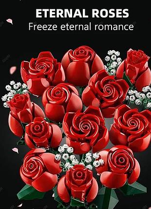 Конструктор «вечный букет роз» 822 детали — красные розы в стиле лего, искусственные цветы для декора и подарк