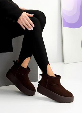 Элегантные женские коричневые угги зимние теплые на меху зима