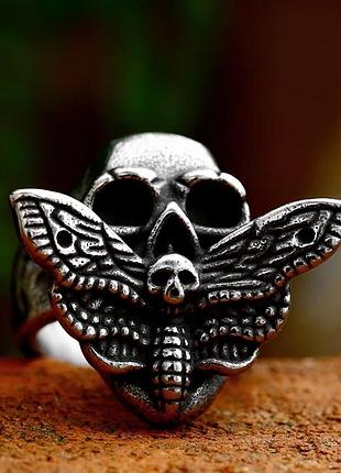 Кільце сріблясте чоловіче масивне нержавіюча сталь форма череп + метелик 20 размер