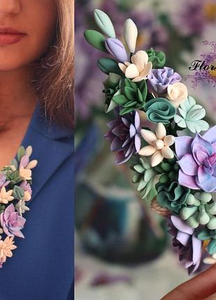 Большая брошь ручной работы с цветами веточка "суккуленты" 15 см