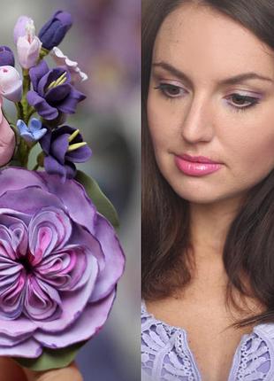 Заколка/брошь с цветами ручной работы "английская роза с фрезиями". украшения из полимерной глины