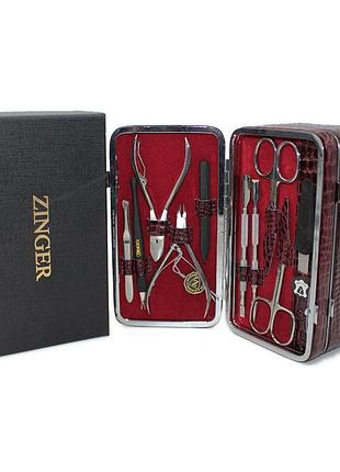 Маникюрный набор zinger профессиональный 10 предметов кожаный футляр два отделения с большим зеркалом